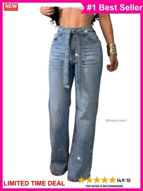 Rhinestone Wide Leg Flare Jeans High Waisted Denim Pants